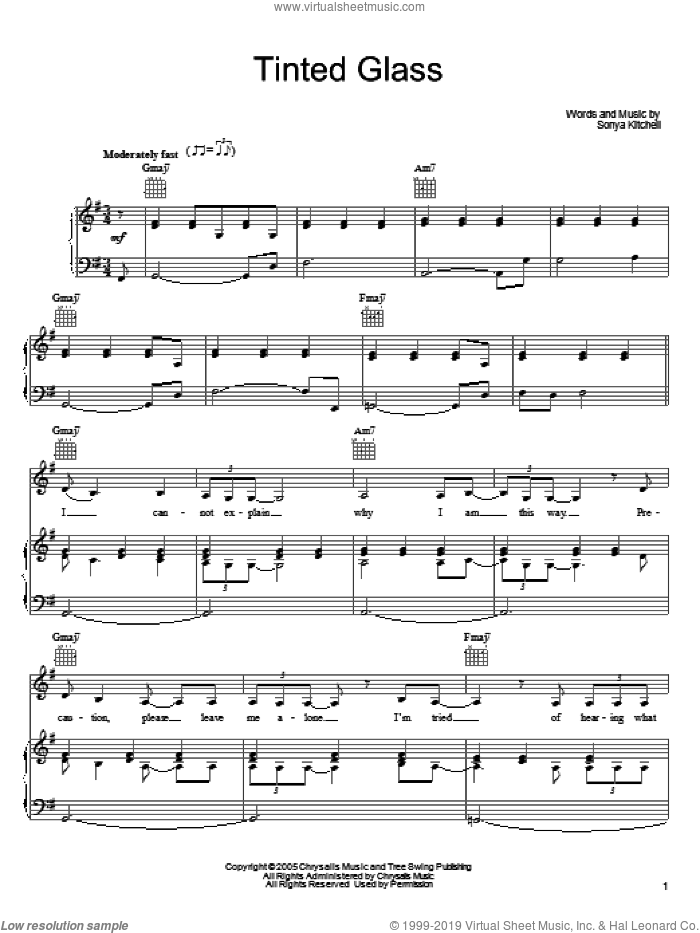 Tinted Glass sheet music for voice, piano or guitar by Sonya Kitchell, intermediate skill level