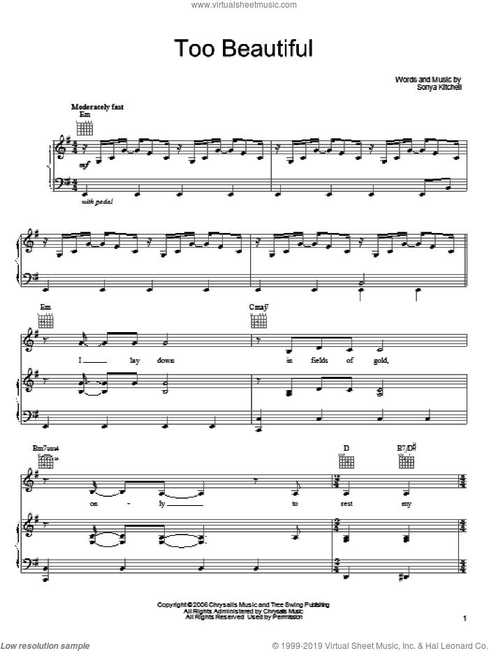 Too Beautiful sheet music for voice, piano or guitar by Sonya Kitchell, intermediate skill level