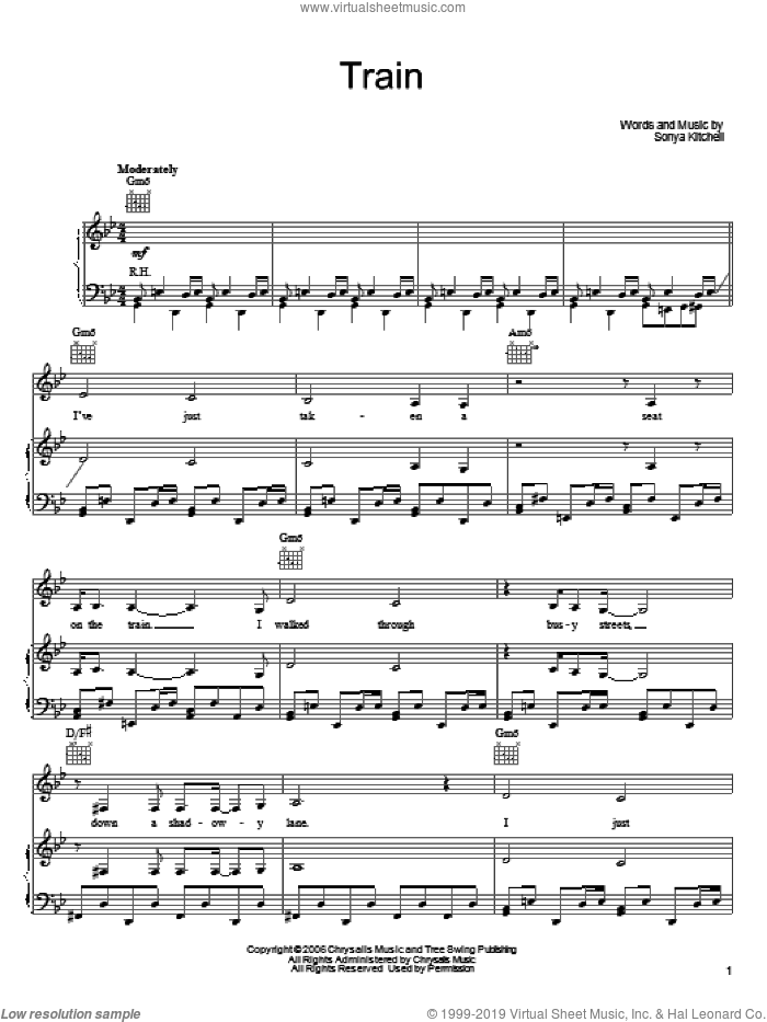 Train sheet music for voice, piano or guitar by Sonya Kitchell, intermediate skill level