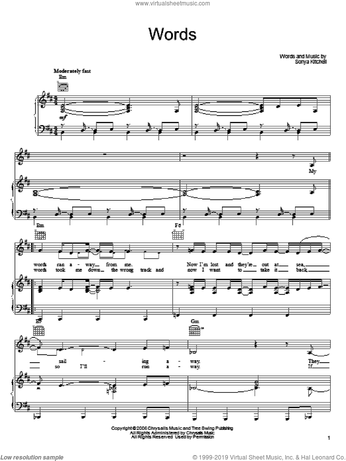 Words sheet music for voice, piano or guitar by Sonya Kitchell, intermediate skill level