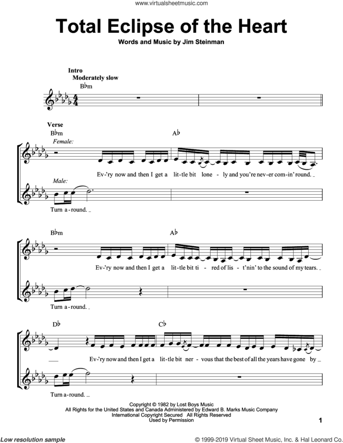 Total Eclipse Of The Heart sheet music for voice solo by Bonnie Tyler, Nicki French and Jim Steinman, intermediate skill level