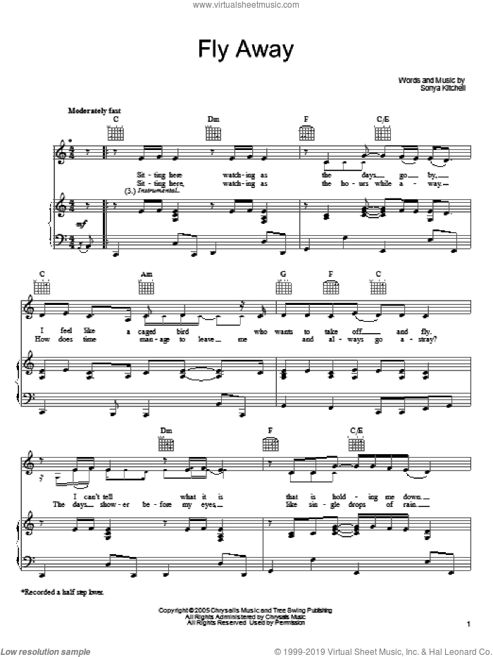 Fly Away sheet music for voice, piano or guitar by Sonya Kitchell, intermediate skill level