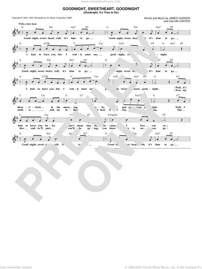 Goodnight, Sweetheart, Goodnight (Goodnight, It's Time To Go) sheet music for voice and other instruments (fake book) by McGuire Sisters, Chuck Berry, Tokens, Calvin Carter and James Hudson, intermediate skill level