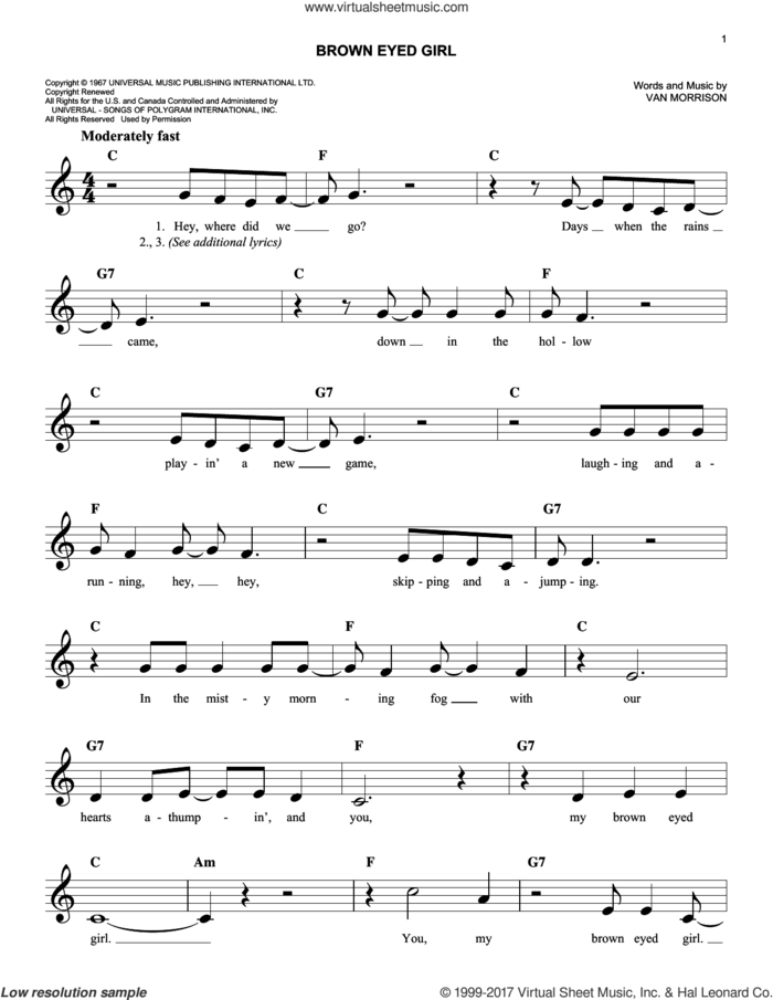 Brown Eyed Girl sheet music for voice and other instruments (fake book) by Van Morrison, easy skill level