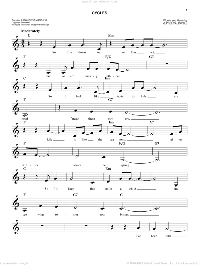 Cycles sheet music for voice and other instruments (fake book) by Frank Sinatra and Gayle Caldwell, easy skill level