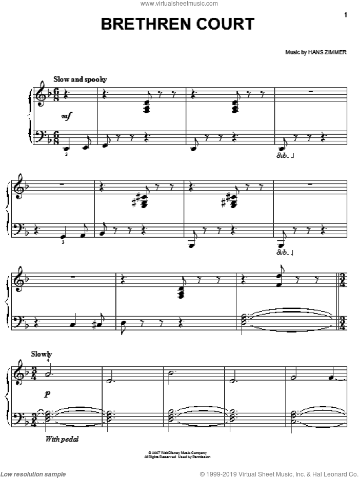 Brethren Court (from Pirates Of The Caribbean: At World's End) sheet music for piano solo by Hans Zimmer, easy skill level