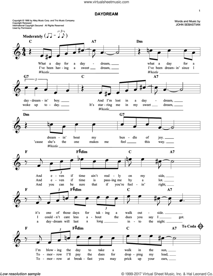 Daydream sheet music for voice and other instruments (fake book) by Lovin' Spoonful and John Sebastian, easy skill level