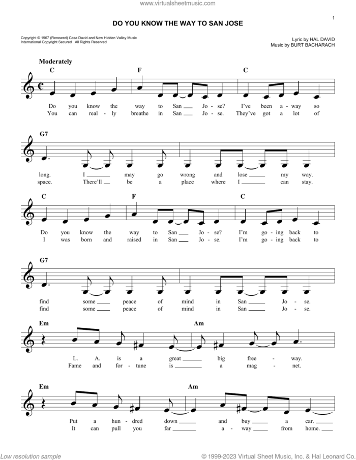Do You Know The Way To San Jose sheet music for voice and other instruments (fake book) by Dionne Warwick, Burt Bacharach and Hal David, easy skill level