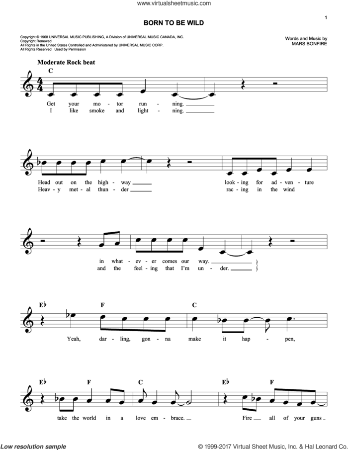 Born To Be Wild sheet music for voice and other instruments (fake book) by Steppenwolf and Mars Bonfire, easy skill level