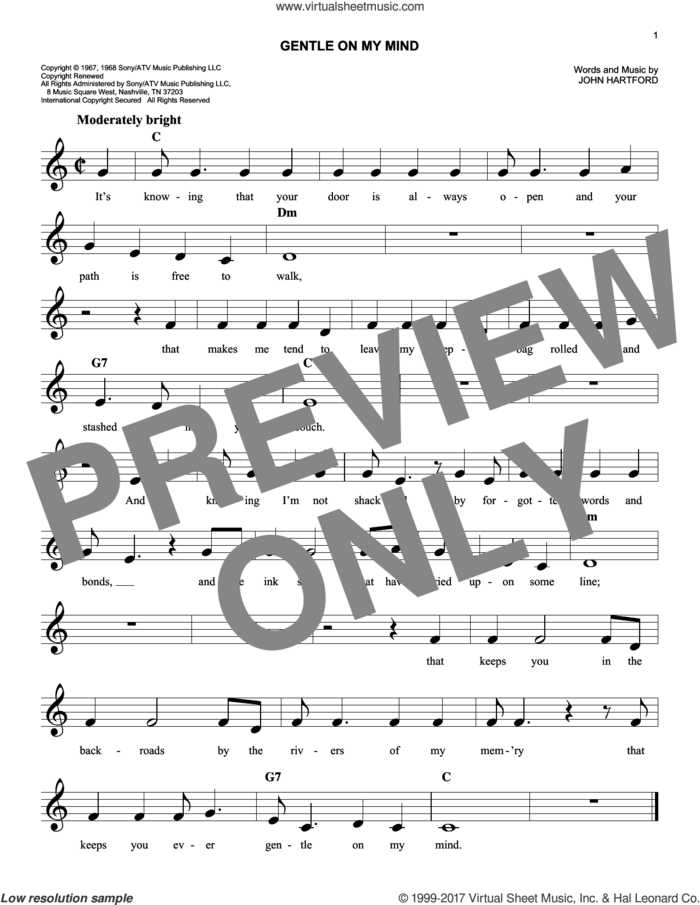 Gentle On My Mind sheet music for voice and other instruments (fake book) by Glen Campbell and John Hartford, easy skill level