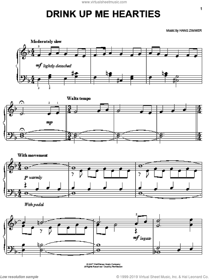 Drink Up Me Hearties (from Pirates Of The Caribbean: At World's End) sheet music for piano solo by Hans Zimmer, easy skill level