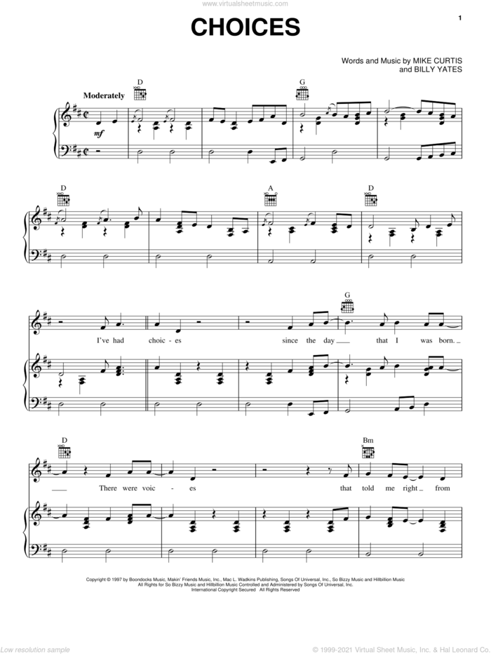 Choices sheet music for voice, piano or guitar by George Jones, Billy Yates and Mike Curtis, intermediate skill level