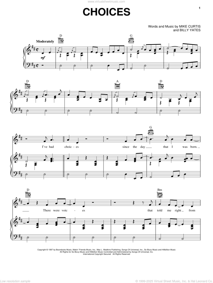 Choices sheet music for voice, piano or guitar by George Jones, Billy Yates and Mike Curtis, intermediate skill level