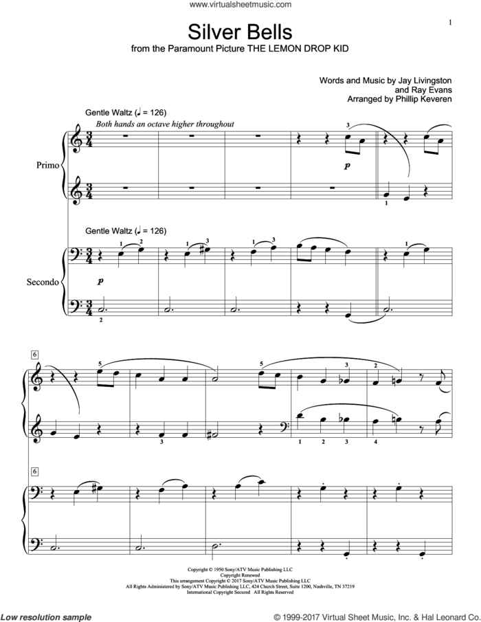 Silver Bells sheet music for piano four hands by Jay Livingston and Ray Evans, intermediate skill level
