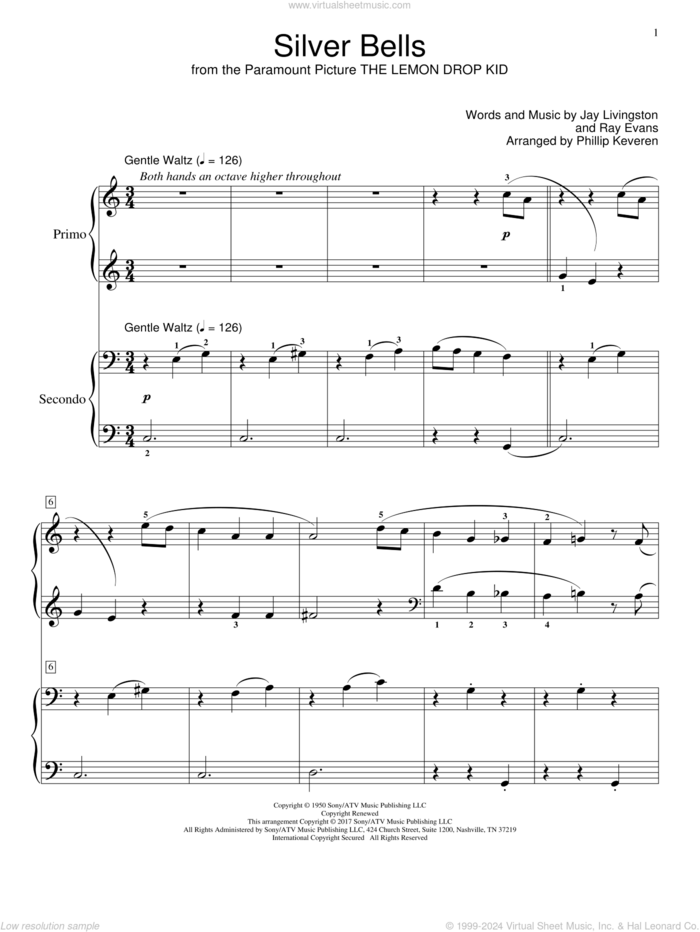 Silver Bells sheet music for piano four hands by Jay Livingston and Ray Evans, intermediate skill level