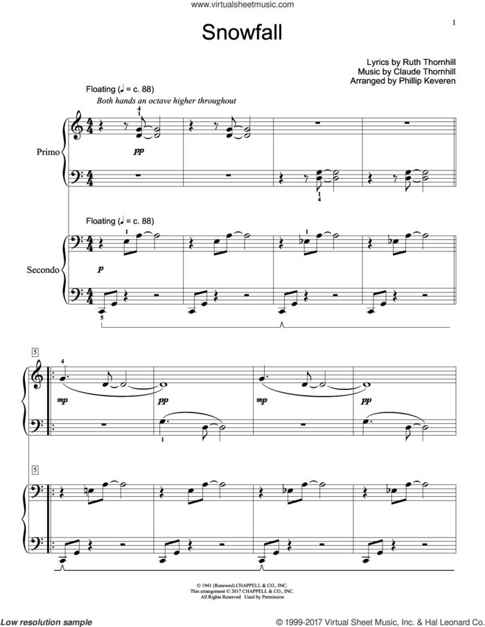 Snowfall sheet music for piano four hands by Claude Thornhill and Ruth Thornhill, intermediate skill level
