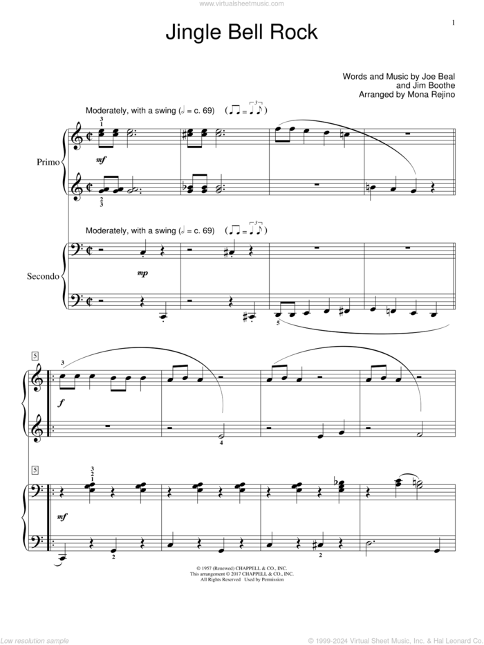 Jingle Bell Rock sheet music for piano four hands by Bobby Helms, Jim Boothe and Joe Beal, intermediate skill level