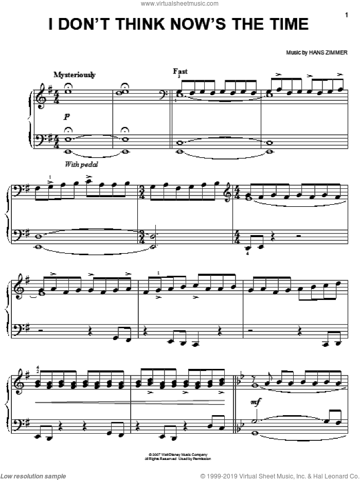 I Don't Think Now's The Time (from Pirates Of The Caribbean: At World's End) sheet music for piano solo by Hans Zimmer, easy skill level