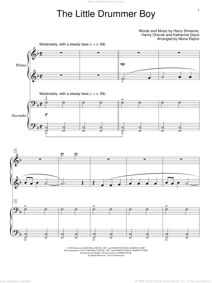 The Little Drummer Boy sheet music for piano four hands by Katherine Davis, Harry Simeone and Henry Onorati, intermediate skill level