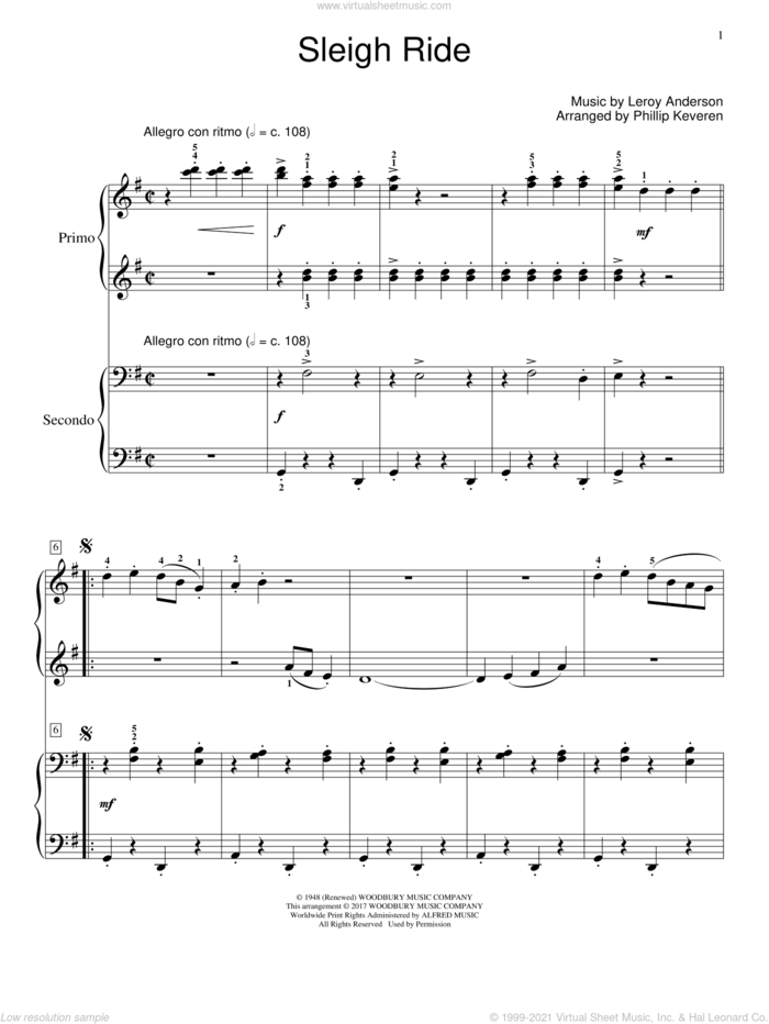 Sleigh Ride sheet music for piano four hands by Leroy Anderson and Mitchell Parish, intermediate skill level