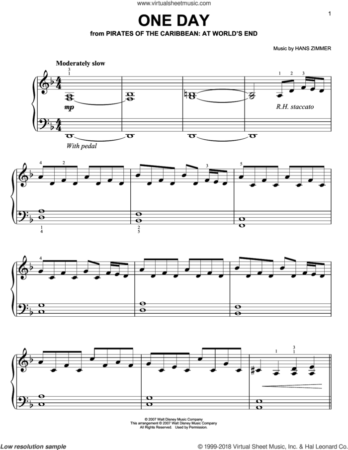 One Day (from Pirates Of The Caribbean: At World's End) sheet music for piano solo by Hans Zimmer, easy skill level