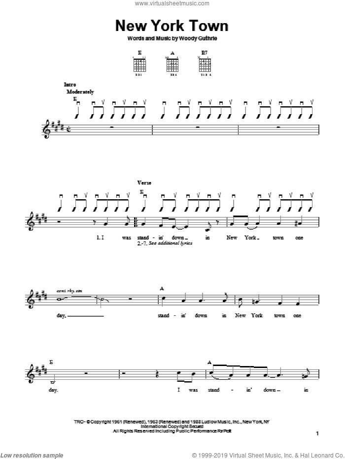 New York Town sheet music for guitar solo (chords) by Woody Guthrie, easy guitar (chords)