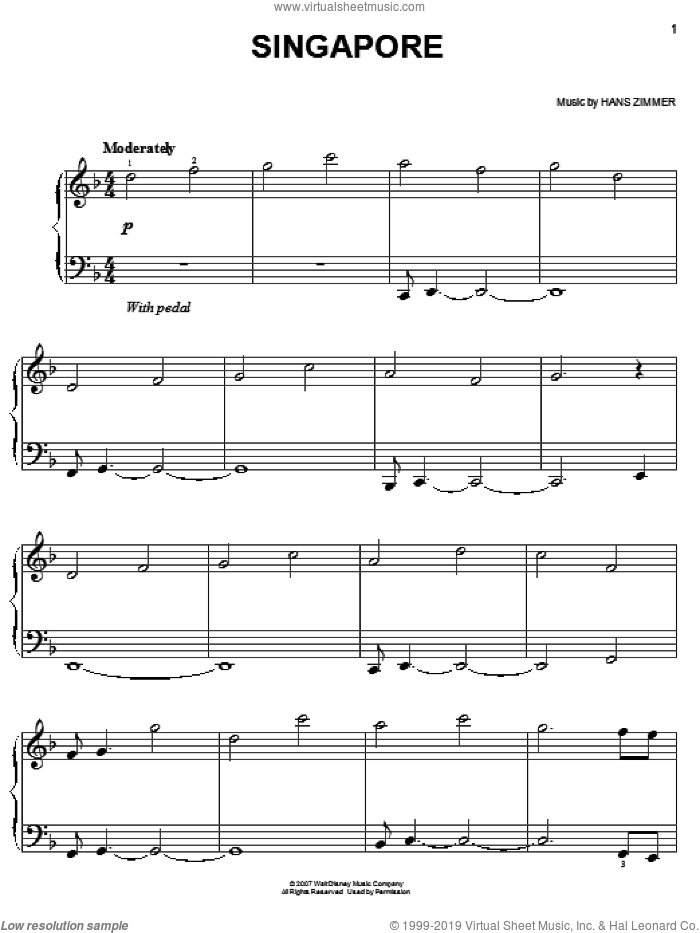 Singapore (from Pirates Of The Caribbean: At World's End) sheet music for piano solo by Hans Zimmer, easy skill level