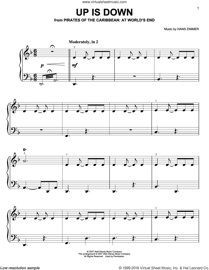 Up Is Down (from Pirates Of The Caribbean: At World's End) sheet music for piano solo by Hans Zimmer, easy skill level