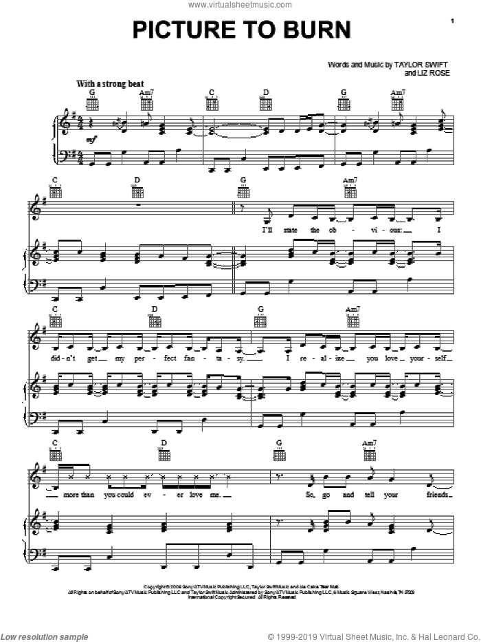 Picture To Burn sheet music for voice, piano or guitar by Taylor Swift and Liz Rose, intermediate skill level