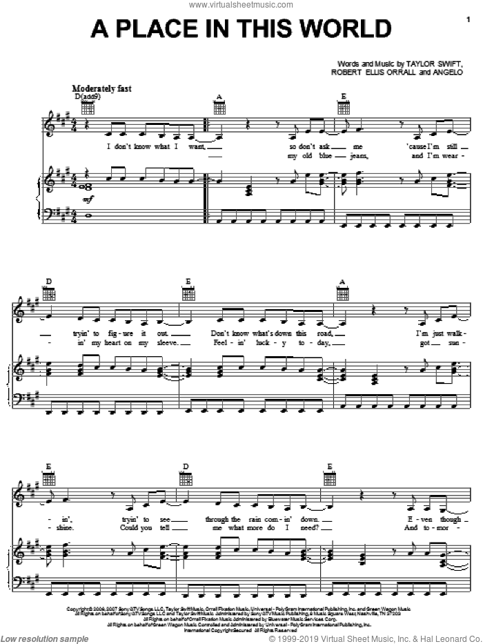 A Place In This World sheet music for voice, piano or guitar by Taylor Swift, Patty Griffin and Robert Ellis Orrall, intermediate skill level