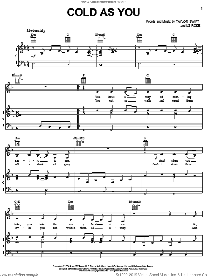 Cold As You sheet music for voice, piano or guitar by Taylor Swift and Liz Rose, intermediate skill level