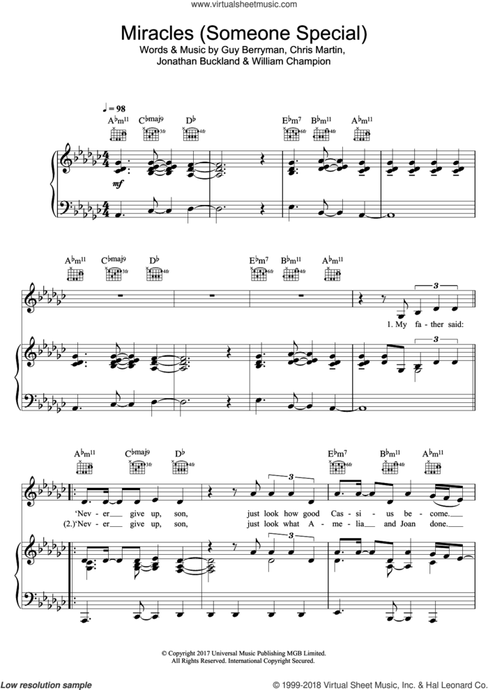 Miracles (Someone Special) sheet music for voice, piano or guitar by Coldplay, Chris Martin, Guy Berryman, Jonathan Buckland and William Champion, intermediate skill level