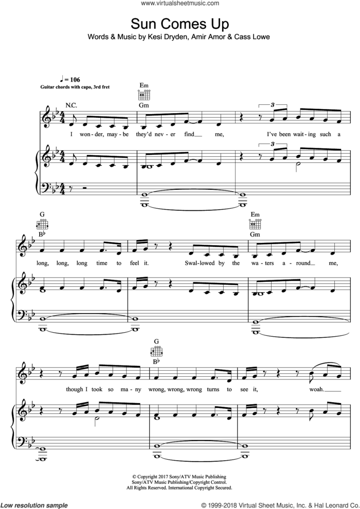 Sun Comes Up (featuring James Arthur) sheet music for voice, piano or guitar by Rudimental, James Arthur, Amir Amor, Cass Lowe and Kesi Dryden, intermediate skill level