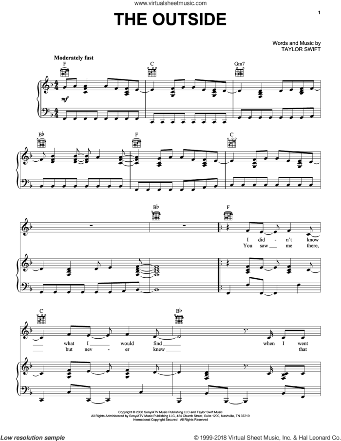 The Outside sheet music for voice, piano or guitar by Taylor Swift, intermediate skill level