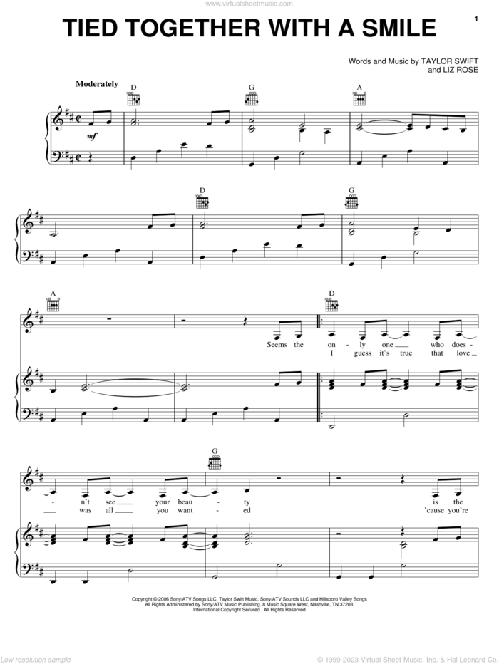 Tied Together With A Smile sheet music for voice, piano or guitar by Taylor Swift and Liz Rose, intermediate skill level