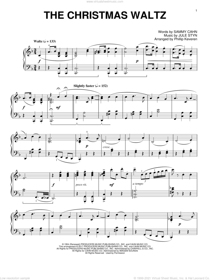 The Christmas Waltz [Classical version] (arr. Phillip Keveren) sheet music for piano solo by Sammy Cahn, Phillip Keveren and Jule Styne, intermediate skill level