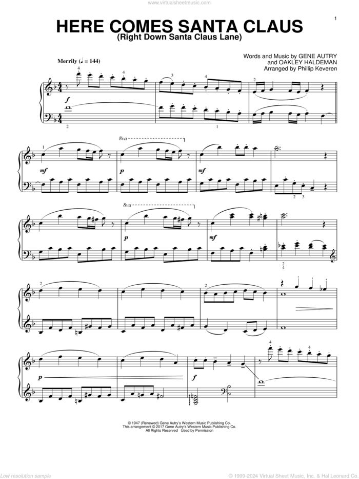 Here Comes Santa Claus (Right Down Santa Claus Lane) [Classical version] (arr. Phillip Keveren) sheet music for piano solo by Gene Autry, Phillip Keveren, Carpenters and Oakley Haldeman, intermediate skill level