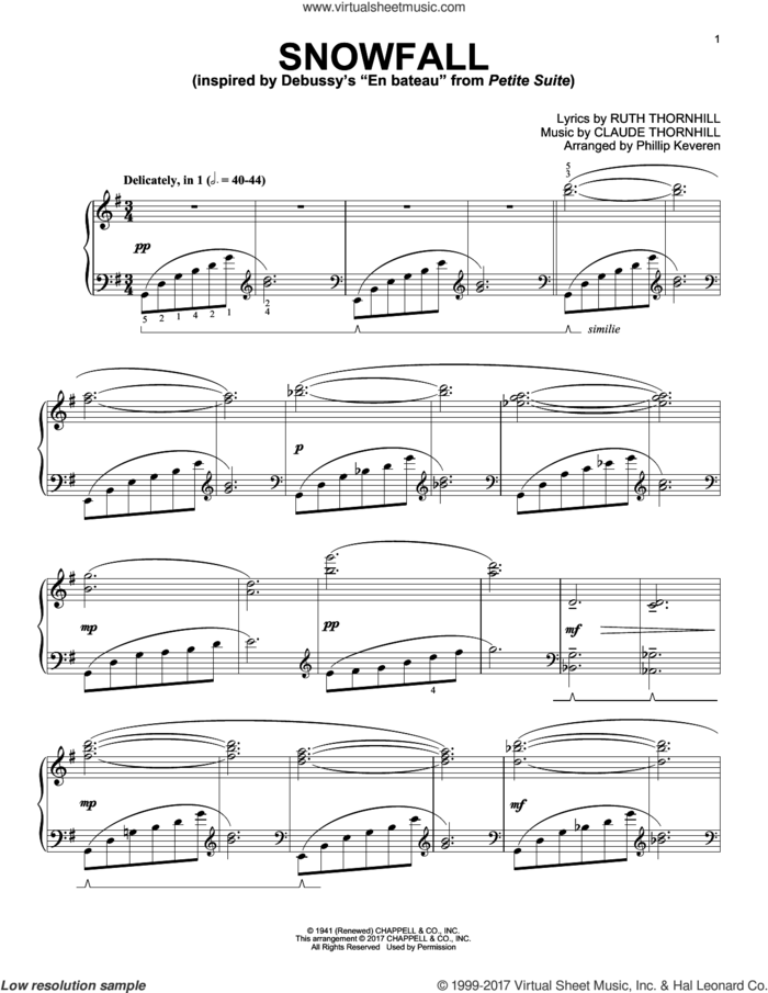 Snowfall [Classical version] (arr. Phillip Keveren) sheet music for piano solo by Claude Thornhill, Phillip Keveren and Ruth Thornhill, intermediate skill level