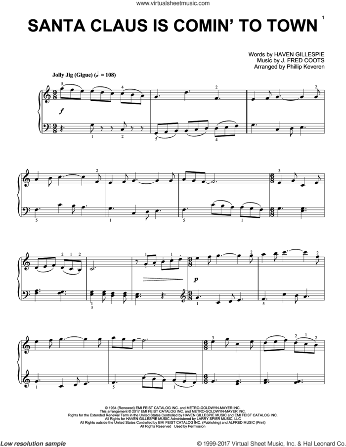 Santa Claus Is Comin' To Town [Classical version] (arr. Phillip Keveren) sheet music for piano solo by J. Fred Coots, Phillip Keveren and Haven Gillespie, intermediate skill level