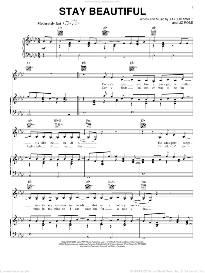 Stay Beautiful sheet music for voice, piano or guitar by Taylor Swift and Liz Rose, intermediate skill level