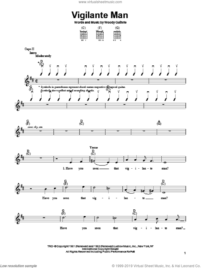 Vigilante Man sheet music for guitar solo (chords) by Woody Guthrie, easy guitar (chords)