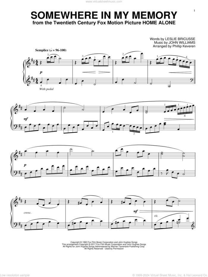 Somewhere In My Memory [Classical version] (arr. Phillip Keveren) sheet music for piano solo by John Williams, Phillip Keveren and Leslie Bricusse, intermediate skill level