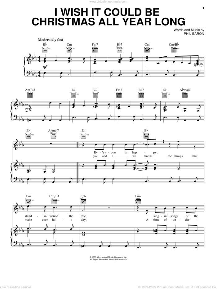 I Wish It Could Be Christmas All Year Long sheet music for voice, piano or guitar by Phil Baron, intermediate skill level