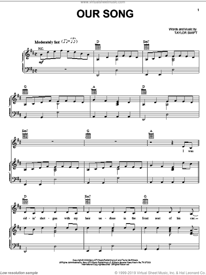 Our Song sheet music for voice, piano or guitar by Taylor Swift, intermediate skill level