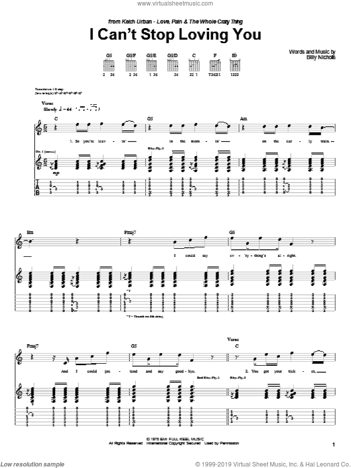 Can't Stop Loving You (Though I Try) sheet music for guitar (tablature) by Keith Urban, Leo Sayer, Phil Collins and Billy Nicholls, intermediate skill level