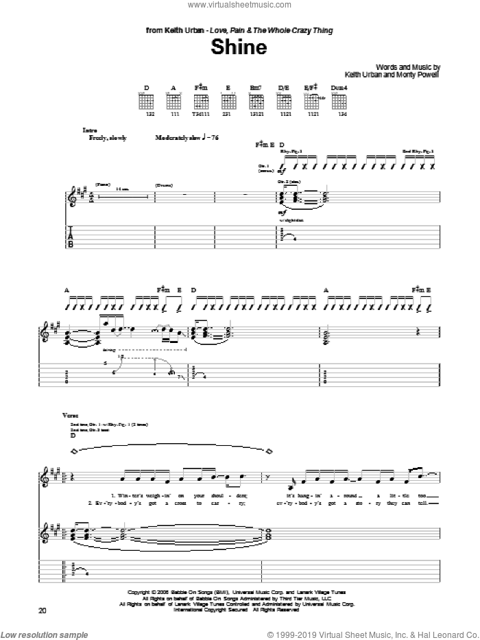 Shine sheet music for guitar (tablature) by Keith Urban and Monty Powell, intermediate skill level