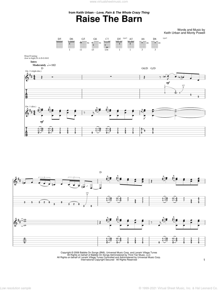 Raise The Barn sheet music for guitar (tablature) by Keith Urban featuring Ronnie Dunn, Ronnie Dunn, Keith Urban and Monty Powell, intermediate skill level