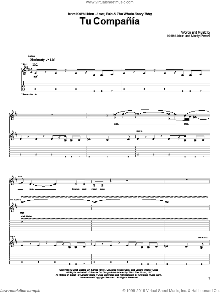 Tu Compania sheet music for guitar (tablature) by Keith Urban and Monty Powell, intermediate skill level