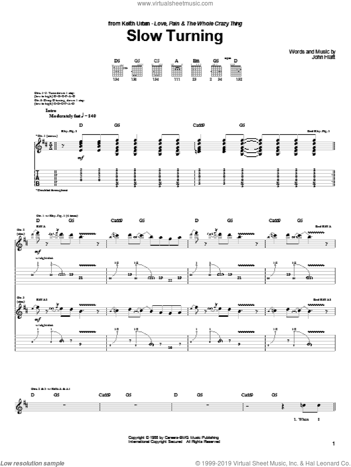 Slow Turning sheet music for guitar (tablature) by Keith Urban and John Hiatt, intermediate skill level