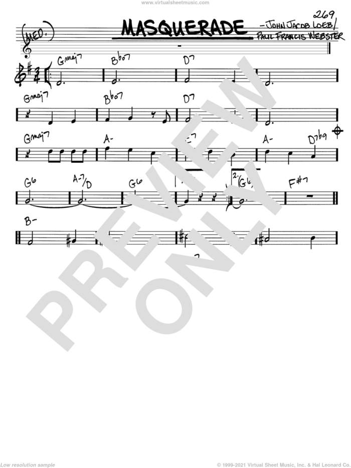 Masquerade sheet music for voice and other instruments (in C) by Paul Francis Webster and John Jacob Loeb, intermediate skill level